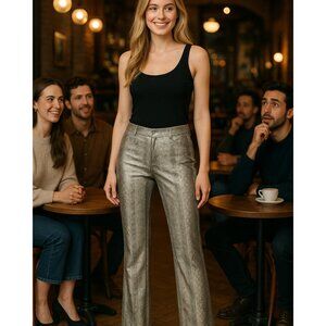 Meritage Metallic Silver Pants Straight Leg Foil Floral Snake Print Dressy Chic